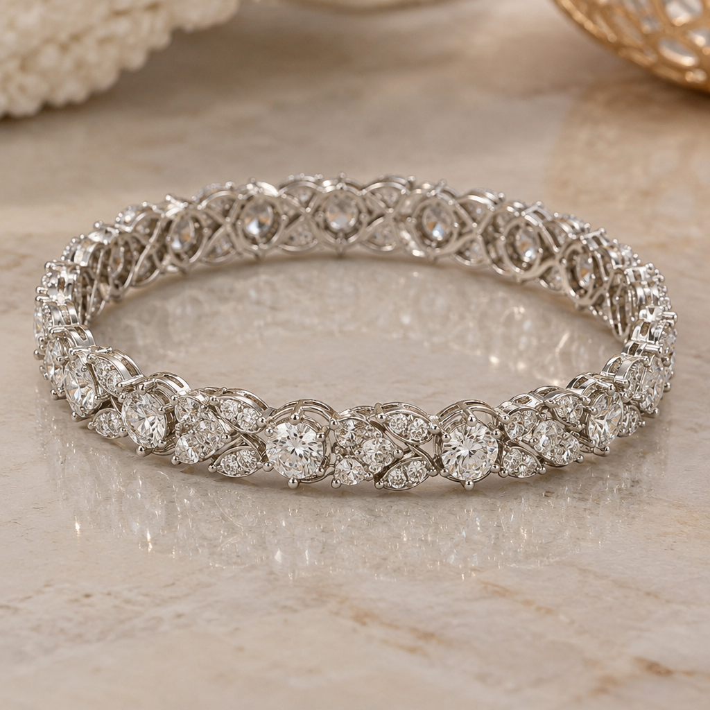 A eternity women's bracelet made of white gold with diamond stones suitable for festival, detailed and decorative, moderately ornate
photorealistic jewelry design, A eternity women's bracelet made of white gold with diamond stones suitable for festival, detailed and decorative, moderately ornate, eternity style, just the design no text