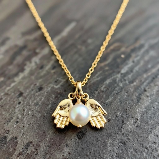 Украшение на шею золотая цепочка с подвеской в виде двух ладоней которые держат жемчужину по центру