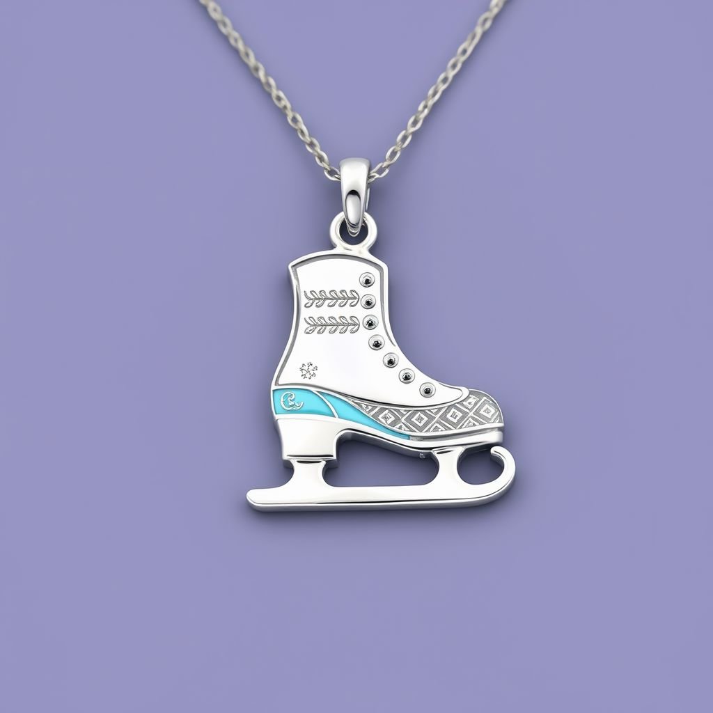 Silver Pendant shape one ice skate with turquoise stripe inside the low thin part blade 