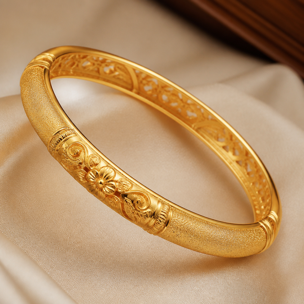 A bangle women's bracelet made of gold suitable for daily wear, detailed and decorative, moderately ornate. a simple and unique bangle design for daily use.its give a traditional look
photorealistic jewelry design, A bangle women's bracelet made of gold suitable for daily wear, detailed and decorative, moderately ornate. a simple and unique bangle design for daily use.its give a traditional look, bangle style, just the design no text