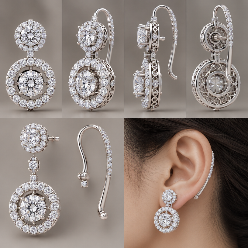 A women's earrings, highly ornate, intricate and elaborate, richly detailed. ตามแบบที่แนบไป สามารถถอดออกเป็นชิ้นๆ ได้, 4 view,เป็นตุ้งติ้งอ้อมหลังหู
using the attached image as a visual reference, create A women's earrings, highly ornate, intricate and elaborate, richly detailed. ตามแบบที่แนบไป สามารถถอดออกเป็นชิ้นๆ ได้, 4 view,เป็นตุ้งติ้งอ้อมหลังหู. photorealistic, just the design no text