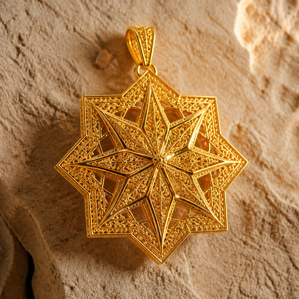 Arabic Sayaqah style pendant made of pure 21k yellow gold. The pendant is shaped as a complex geometric star with sharp lines and micro-filigree details. Premium jewelry catalog photography, floating in front of a clean beige stone texture, side-angle lighting highlighting the gold engravings, photorealistic, 8k. --ar 16:9
photorealistic jewelry design, Arabic Sayaqah style pendant made of pure 21k yellow gold. The pendant is shaped as a complex geometric star with sharp lines and micro-filigree details. Premium jewelry catalog photography, floating in front of a clean beige stone texture, side-angle lighting highlighting the gold engravings, photorealistic, 8k. --ar 16:9, medieval style, just the design no text