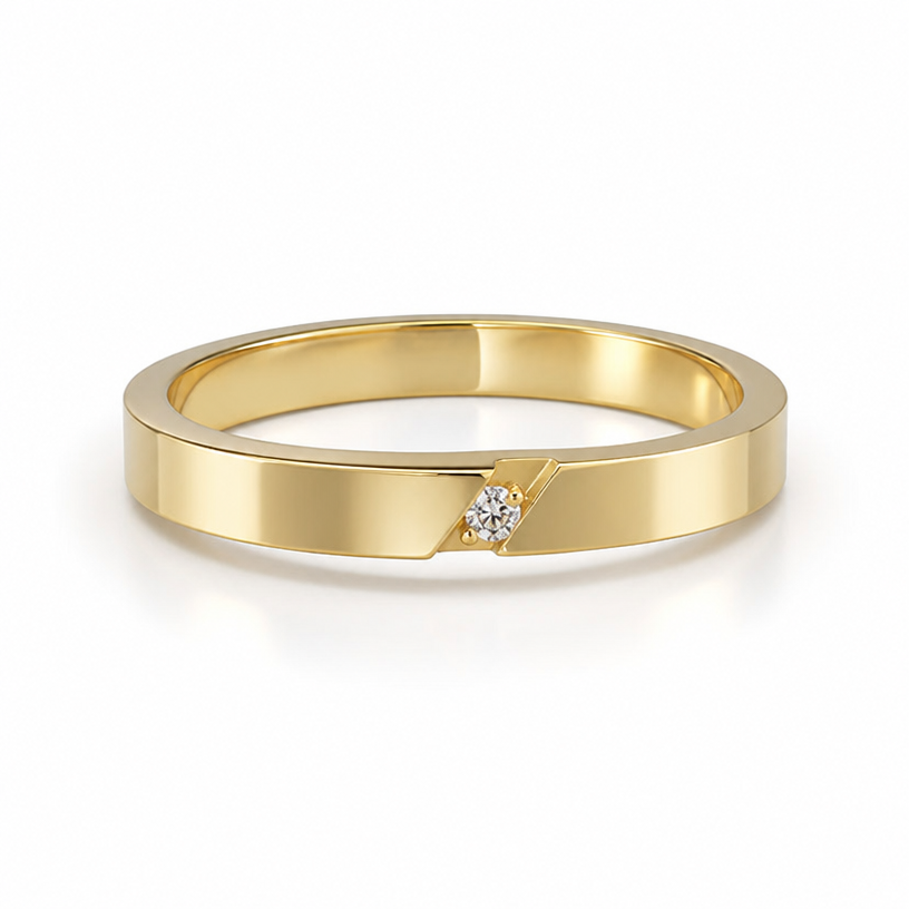 A minimalist women's ring made of gold with diamond stones
using the attached image as a visual reference, create A minimalist women's ring made of gold with diamond stones. photorealistic, just the design no text