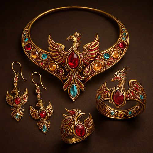 A full Ruby jewelry set including bracelet, earrings and rings with at least 10 citrine and topaz inlays with phoenix themes and an omega necklace