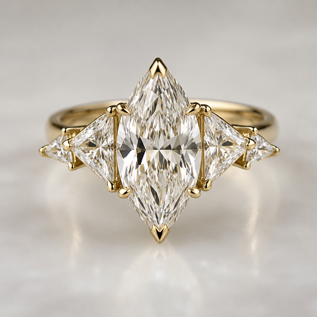 A women's ring. marquis with 3 triangle side stones
photorealistic jewelry design, A women's ring. marquis with 3 triangle side stones, modern style, just the design no text