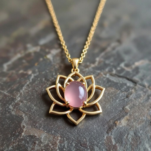 Золотая матовая цепочка. Подвеска матовая лотос шесть лепестков нижние лепестки крупнее верхних  не круглый . В сердце лотоса матовый розовый кварц овальный