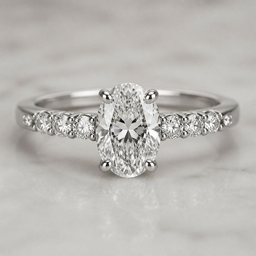 A women's ring made of white gold with diamond stones suitable for engagement. un anillo de oro blanco, con un diamante oval de 1.6 ct. con 5 diamantes de cada lado de 0.05 ct