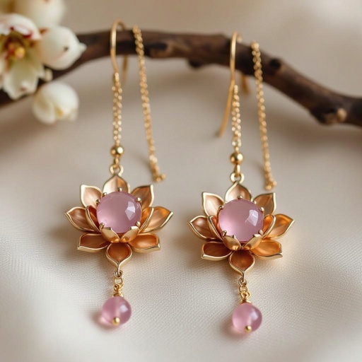 Светлое матовое золото. Серьги с лотосом на длинных цепочках. По центру лотоса камень необрабаботанного розового кварца, от лотоса идет цепочка с еще одним камнем кварца на конце. Серьги тонкие и легкие