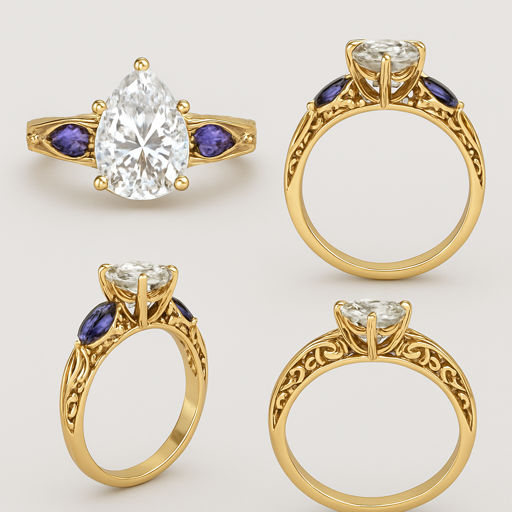 2 carat pear cut diamond with with claw prongs and marquise shaped alexandrite side stones set in a yellow filigree band with full design from all angles