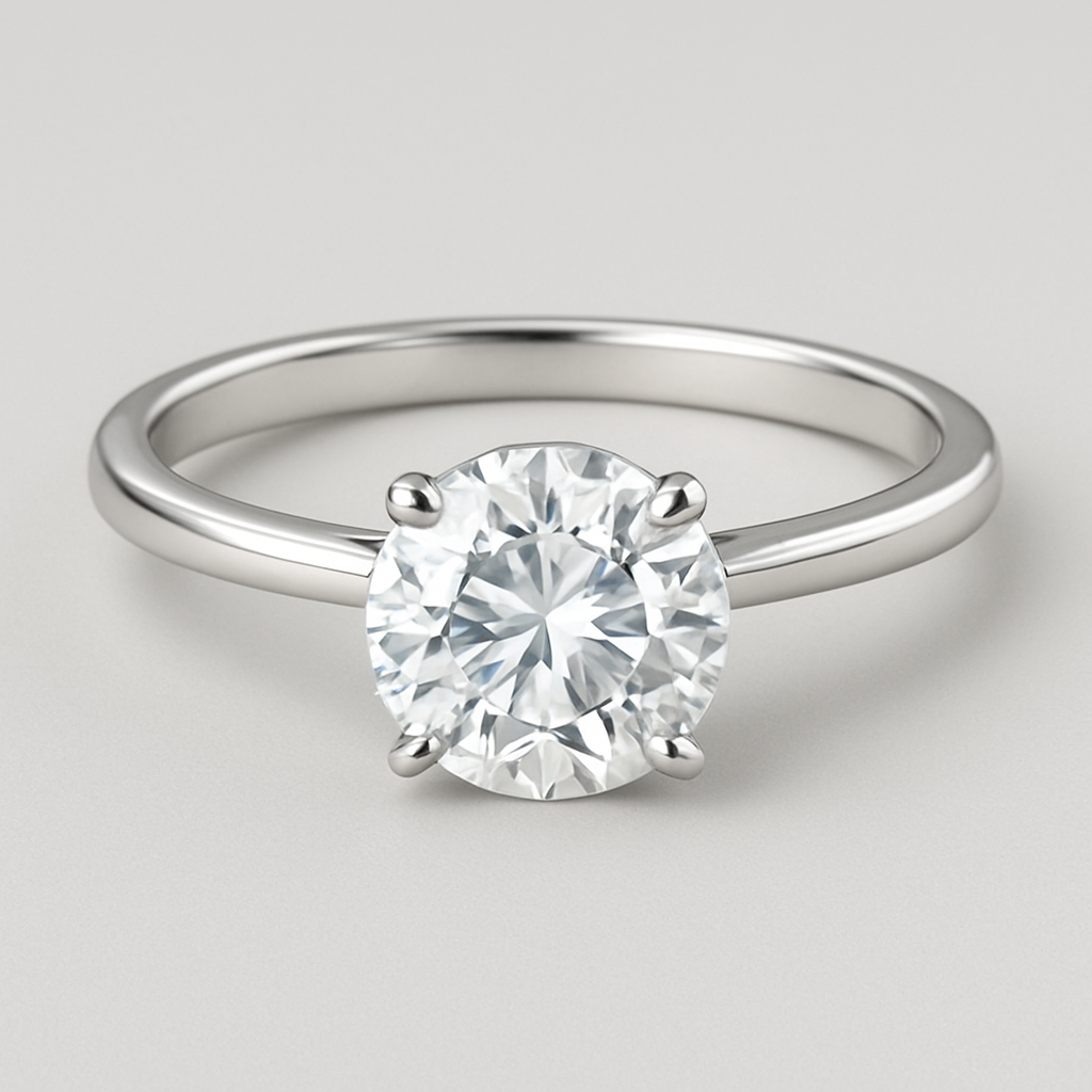 Solitaire round cut 3ct white gold with a low setting and thin band 