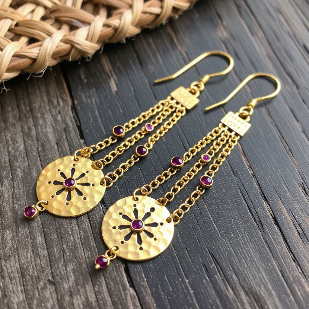 Серьги длинные на цепочках матовое золото мятое. Символ схематично созвездие. Маленькие фиолетовые камушки