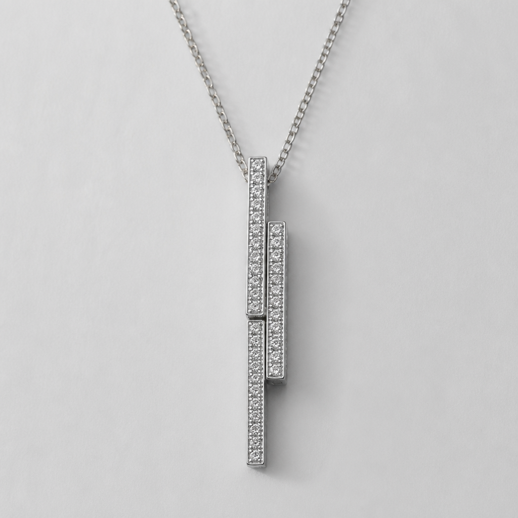 A minimalist women's pendant made of silver with diamond stones. collier avec des 3 rectangles minimlaiste de différente longueurs, disposé de façon à se qu'il se surperpose, de façon descendante avec des touts petits diamands sur le dessus de chaque rectangle partout
photorealistic jewelry design, A minimalist women's pendant made of silver with diamond stones. collier avec des 3 rectangles minimlaiste de différente longueurs, disposé de façon à se qu'il se surperpose, de façon descendante avec des touts petits diamands sur le dessus de chaque rectangle partout, minimalist style, just the design no text