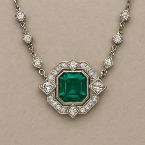Diamond station necklace with one center diamond shaped emerald 
