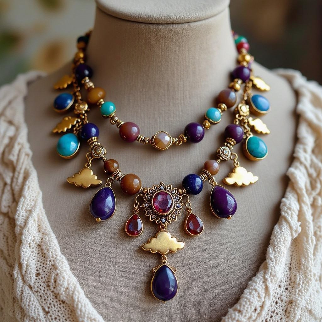 Necklace with plums and clouds, brown and blue