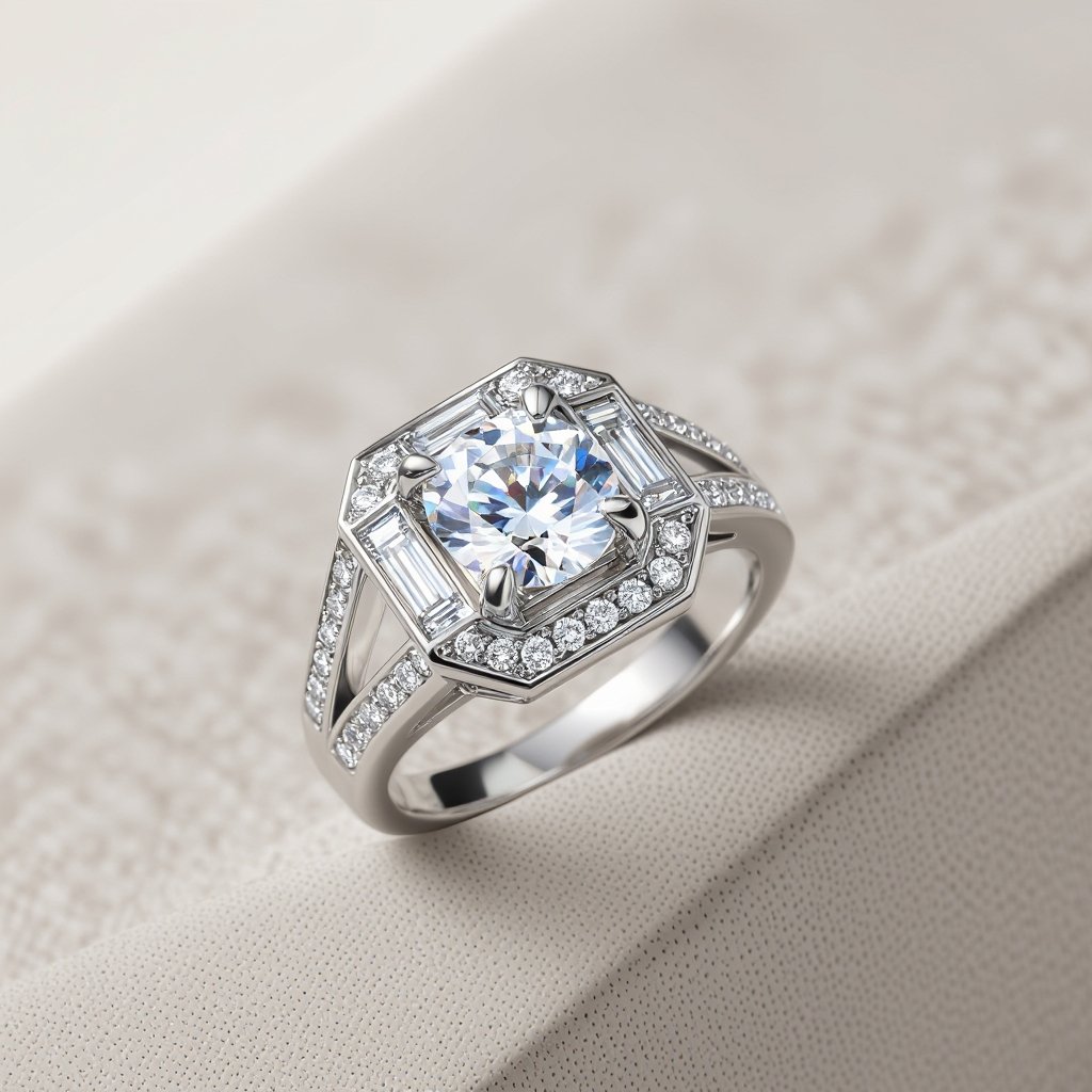 A small gemoatric ring of architecture shape and modern of white diamonds