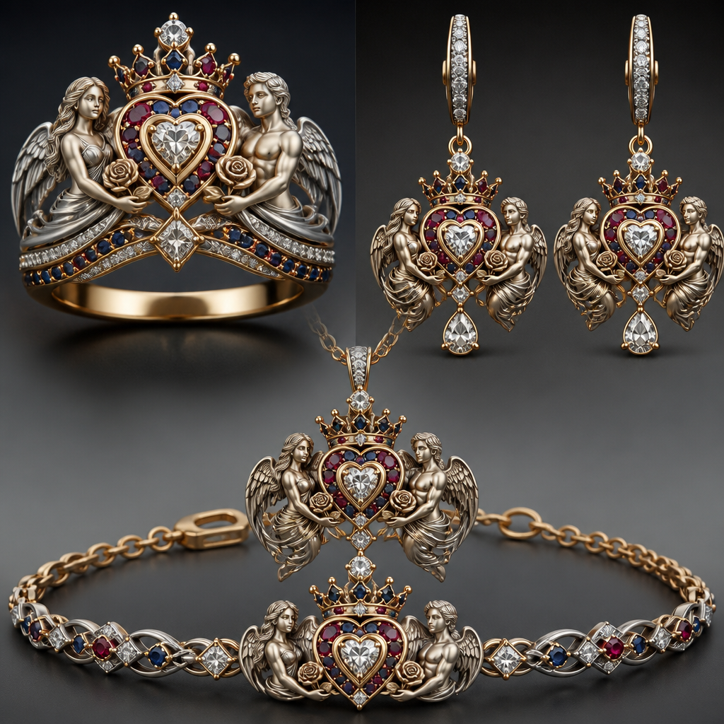A modern women's ring made of mixed metal with diamond and ruby and sapphire stones suitable for wedding. An extraordinary beautiful delicate elegant and excellent set of jewelry with a beautiful delicate and elegant ring, two ear rings, a pendant and a bracelet with a heart at the middle and a diamond in the middle of the heart over the heart to be placed a beautiful delicate and elegant queen crown with a diamond in the middle and rubies and sapphires all around the crown, with an extraordinary beautiful delicate and elegant female Angel with a beautiful delicate and elegant face with long hair holding a heart with Her right hand and a rose with Her left hand at the right side of the heart and an extraordinary beautiful delicate and elegant male Angel with an extraordinary beautiful delicate elegant and fit body with a beautiful delicate and elegant face with short hair holding a heart with His right hand and a rose with His left hand at the left side of the heat. Both Angels to be placed to all the items of the set.