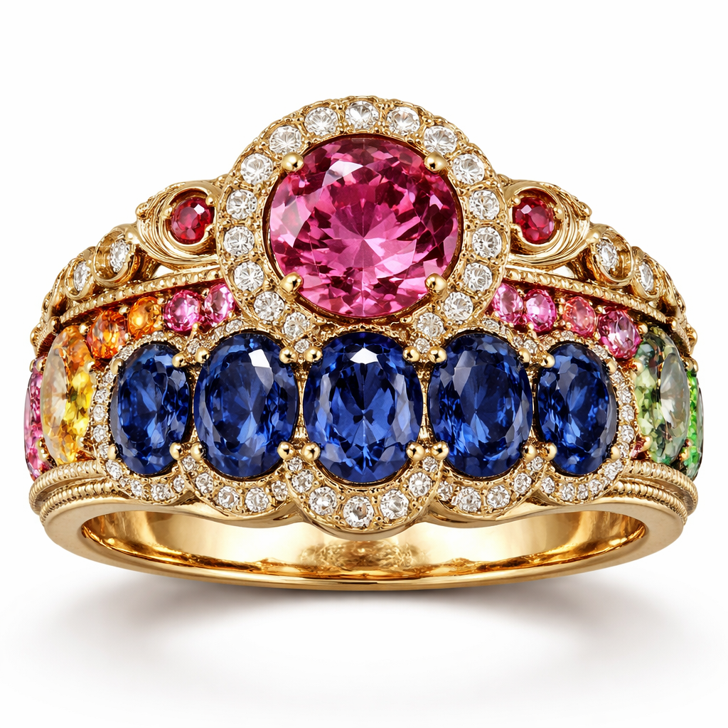 I want a gold ring with five big sapphires in the middle rainbow Turmaline on the sides with rubies and diamonds and a big round pink loop
I want a gold ring with five big sapphires in the middle rainbow Turmaline on the sides with rubies and diamonds and a big round pink loop, victorian style