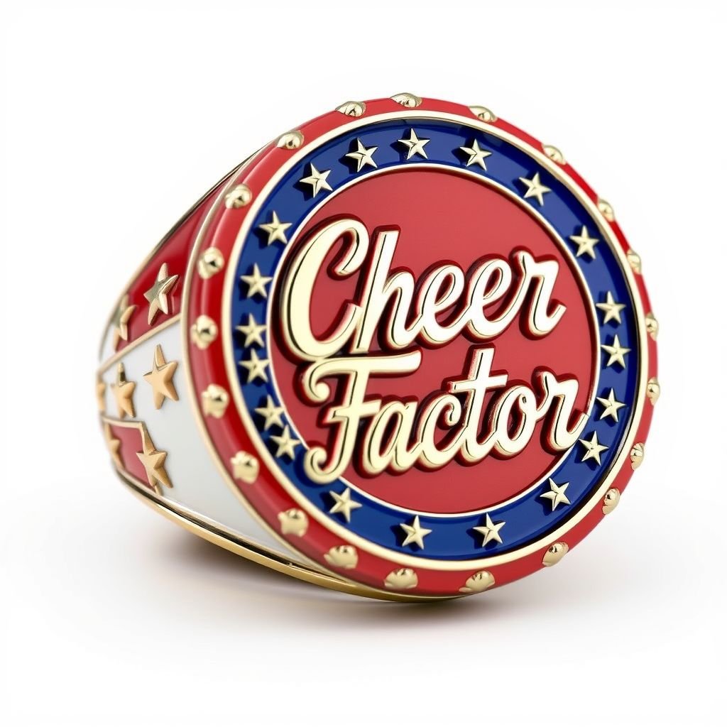 Red white and blue medal ring that says cheer factor