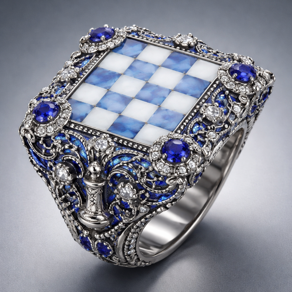 Make a blue lace agate chess board themed ring with a royal blue.
