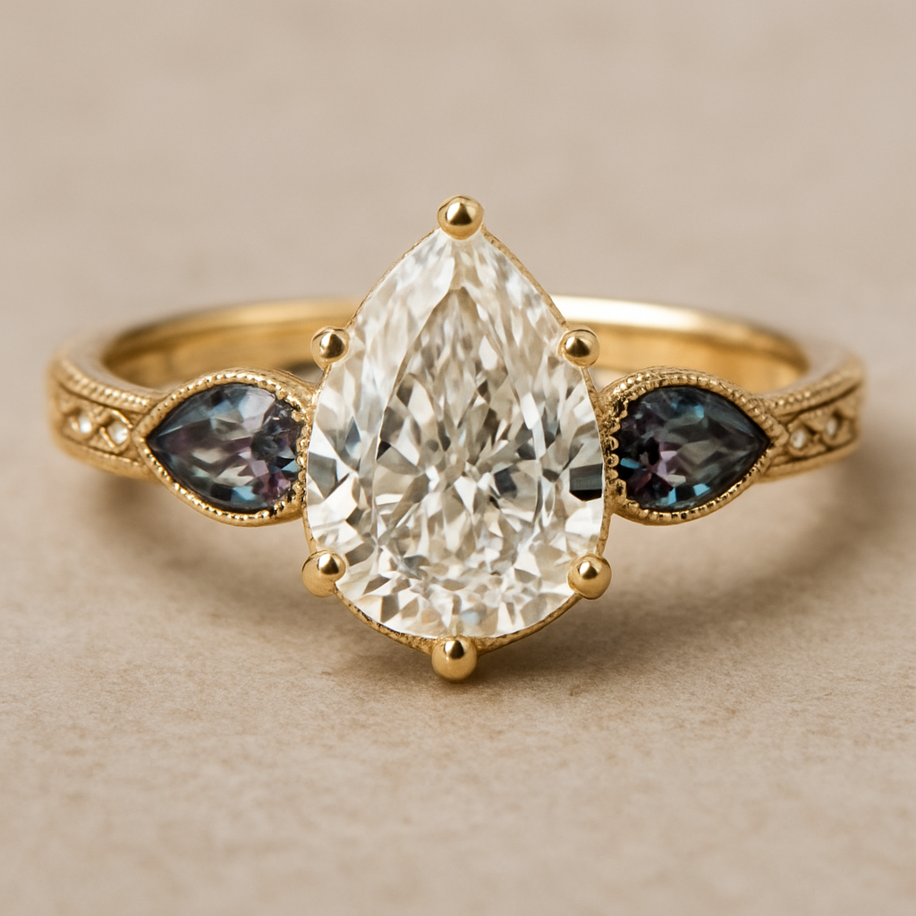 2 carat pear cut diamond engagement ring with double claw prongs in yellow gold ring with marquise shaped alexandrite side stones