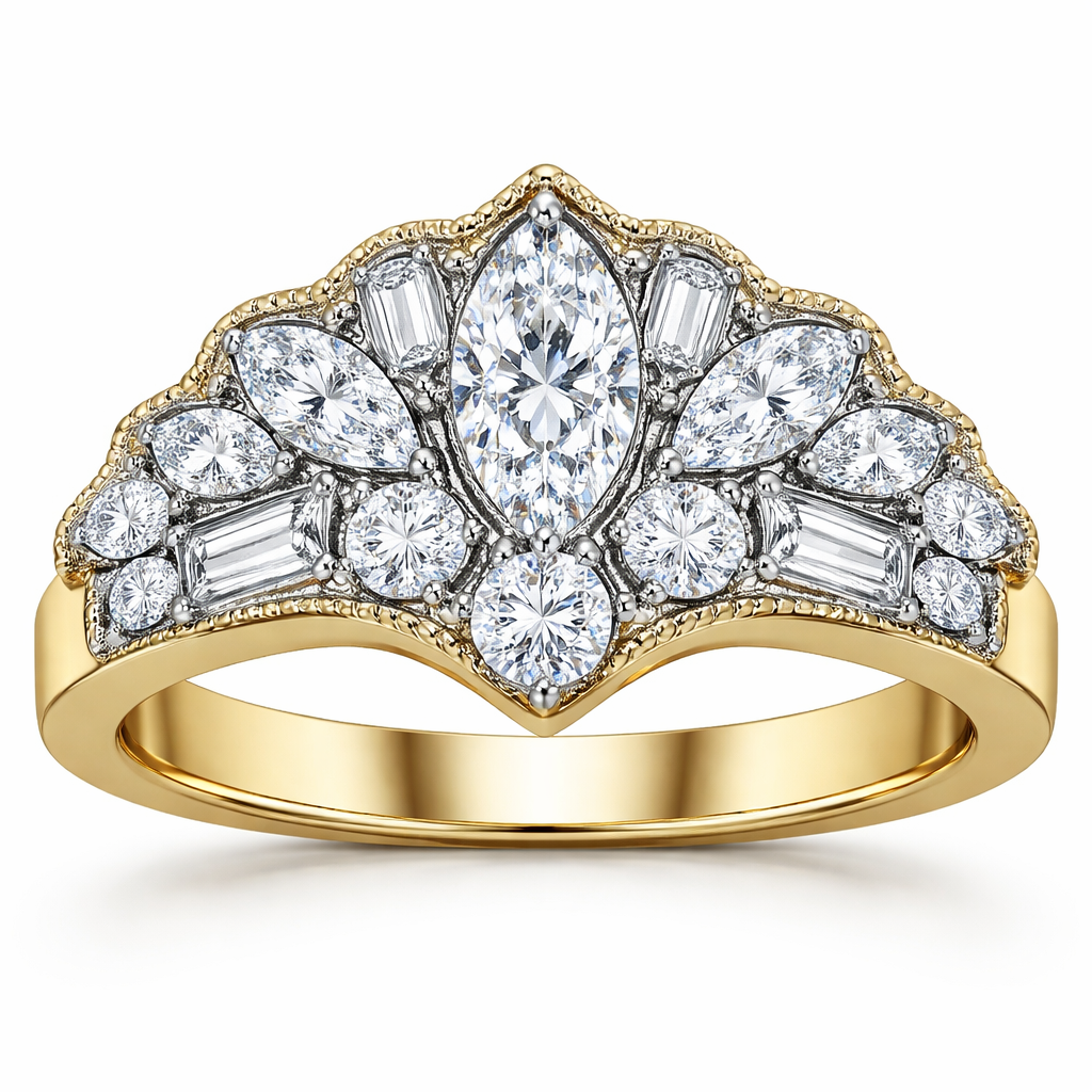 Create a custom diamond ring on a thick 14 karat yellow gold band with all of the diamonds set in platinum place a .6 marquise shaped diamond in the center with a .25 carat round diamond directly below that add six more marquise add six small rectangle baguettes throughout the ring shaped diamonds to the design with two of the marquis being slightly bigger than the other four add two more round diamonds that are slightly smaller than a quarter of a caratmake this design in the shape of a fan with a flat edge in order to put another band flush against the ring