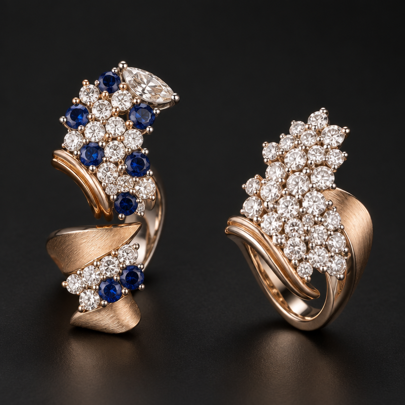 A avant-garde women's ring made of mixed metal with diamond and sapphire stones. design 2 rings using the photo for gem size reference. the first ring should contain 33 of the smaller diamonds, 7 of the sapphires, and the one larger diamond. the 2nd ring should contain 34 of the smaller diamonds.
using the attached image as a visual reference, create A avant-garde women's ring made of mixed metal with diamond and sapphire stones. design 2 rings using the photo for gem size reference. the first ring should contain 33 of the smaller diamonds, 7 of the sapphires, and the one larger diamond. the 2nd ring should contain 34 of the smaller diamonds.. photorealistic, just the design no text