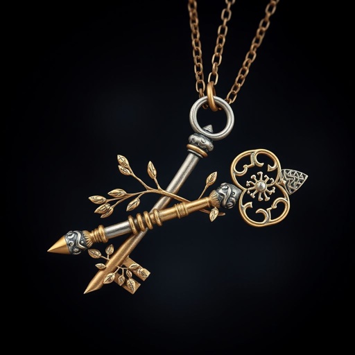 Old skeleton key shape gold and silver tones with olive branch turning on leg and keffieh print on the tip