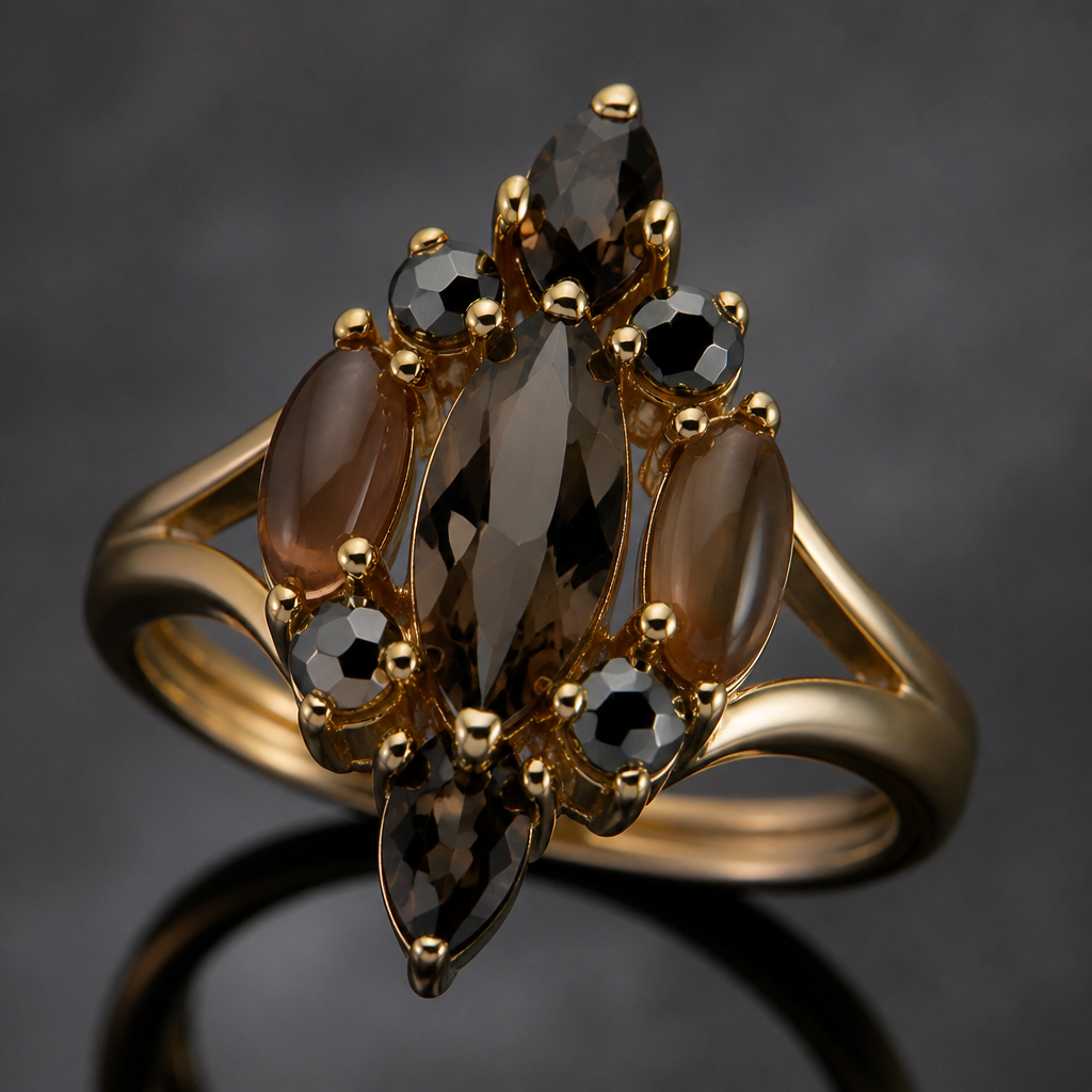 A classic women's ring made of gold suitable for formal. parrure fine en:
Hématite naturelle
Agate brune
Quartz fumé
photorealistic jewelry design, A classic women's ring made of gold suitable for formal. parrure fine en:
Hématite naturelle
Agate brune
Quartz fumé, classic style, just the design no text