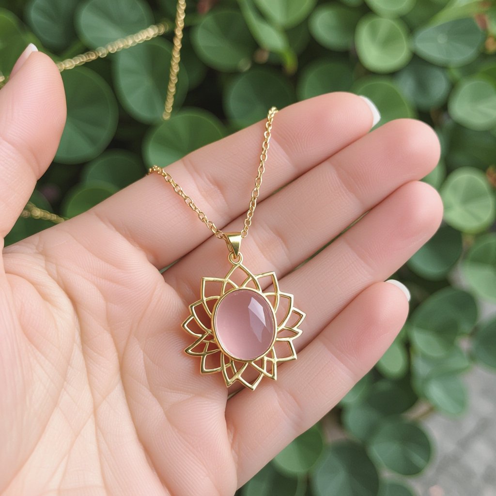 Золотая матовая цепочка. Подвеска лотос шесть лепестков. В сердце лотоса матовый розовый кварц овальный