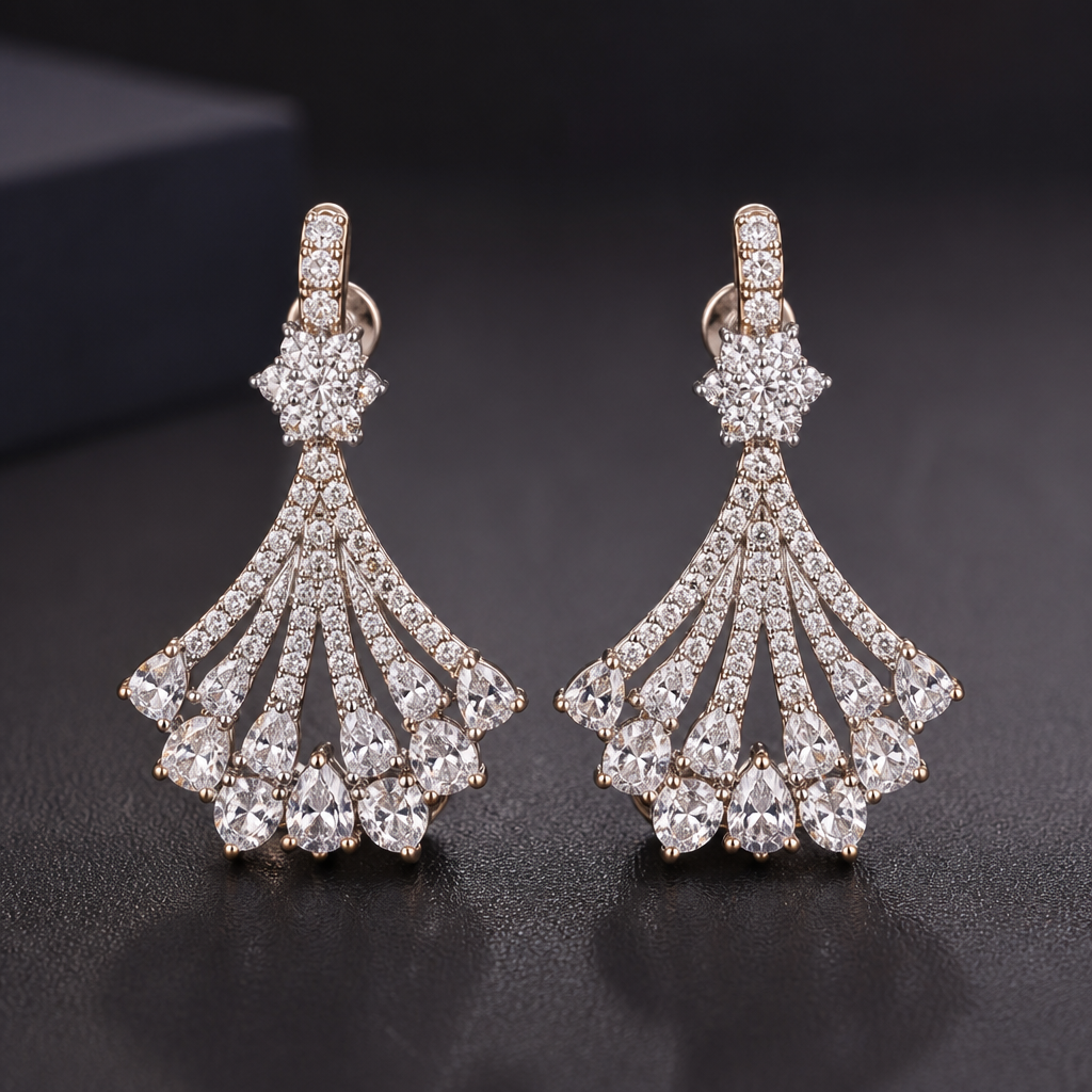 A luxury women's earrings with diamond stones
photorealistic jewelry design, A luxury women's earrings with diamond stones, luxury style, just the design no text