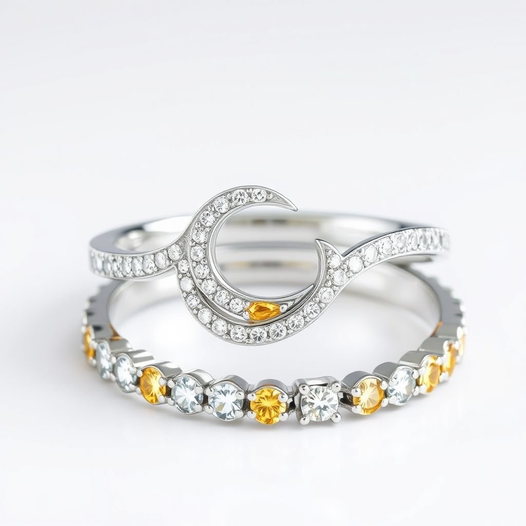 White gold that holds a moon crescent in cleared diamonds intertwined with canary diamonds in shaped of the sun.  Also, accompanied by two ring band with clear and canary diamonds all around the two bands. Like to call it  this wedding ring  day and night. 
