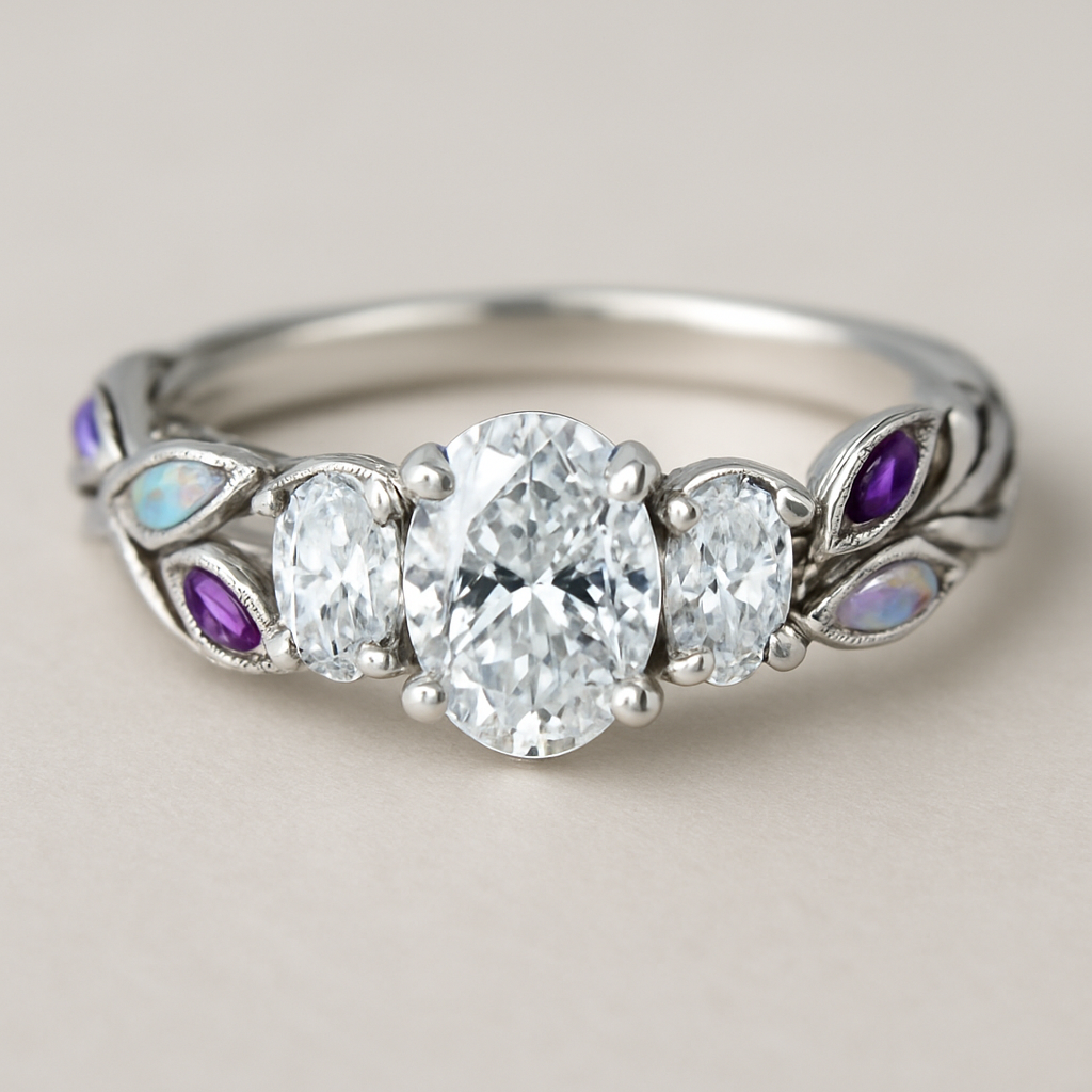 A silver engagement ring that has an oval lab diamond in the center and one on each side of the center one with more leaf design for the band to make it look bigger. The leaves should have a combo of opal and amethyst stones in them.  The band should be a twist design 