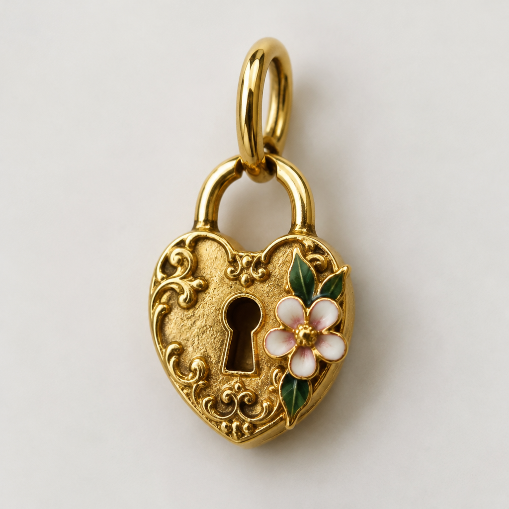Create a charm of a vintage lock with a small enamel flower
photorealistic jewelry design, Create a charm of a vintage lock with a small enamel flower , just the design no text