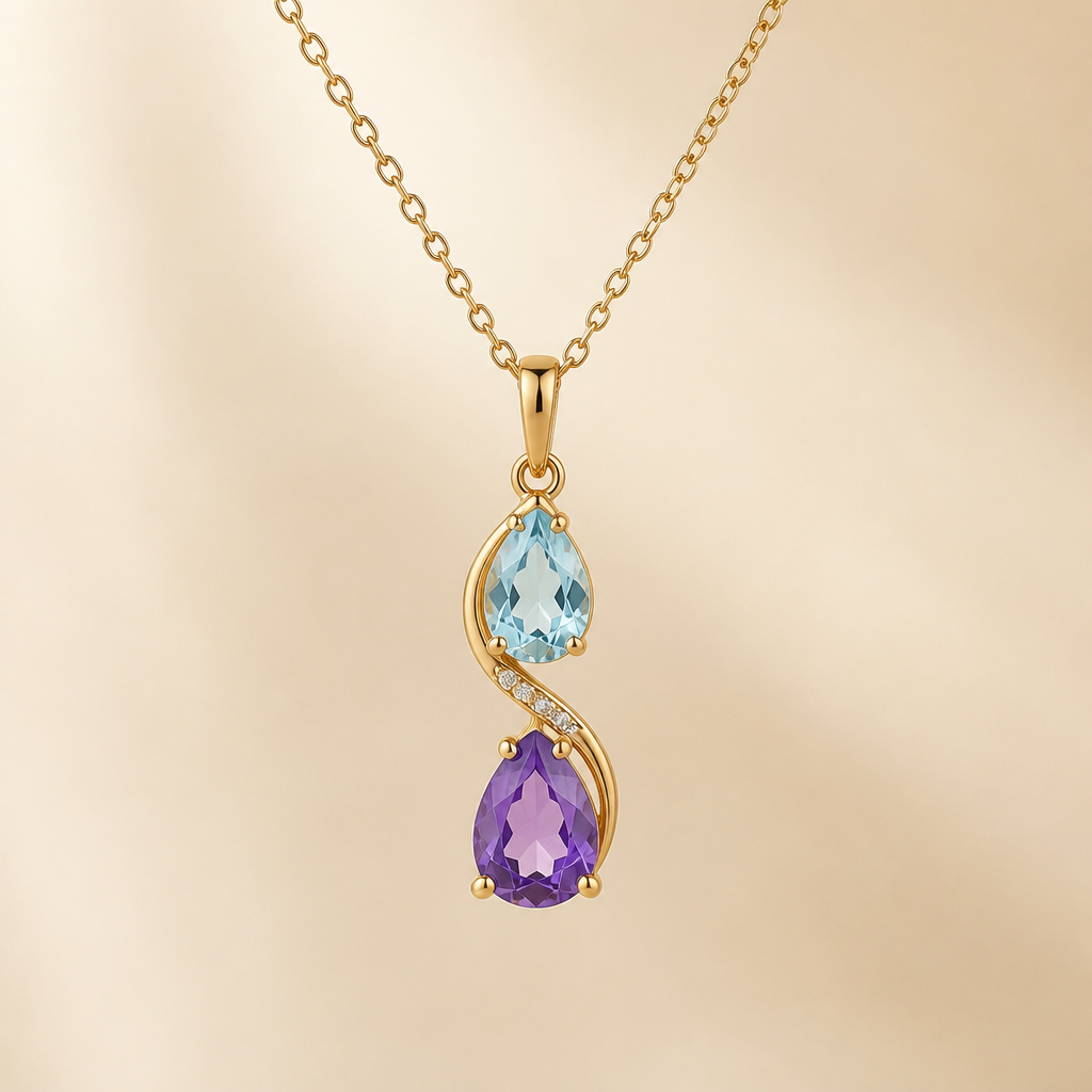 A luxury women's pendant made of gold with aquamarine and amethyst stones suitable for daily wear. une parrure simple ,fine pour utilisation quotidienne
photorealistic jewelry design, A luxury women's pendant made of gold with aquamarine and amethyst stones suitable for daily wear. une parrure simple ,fine pour utilisation quotidienne, luxury style, just the design no text