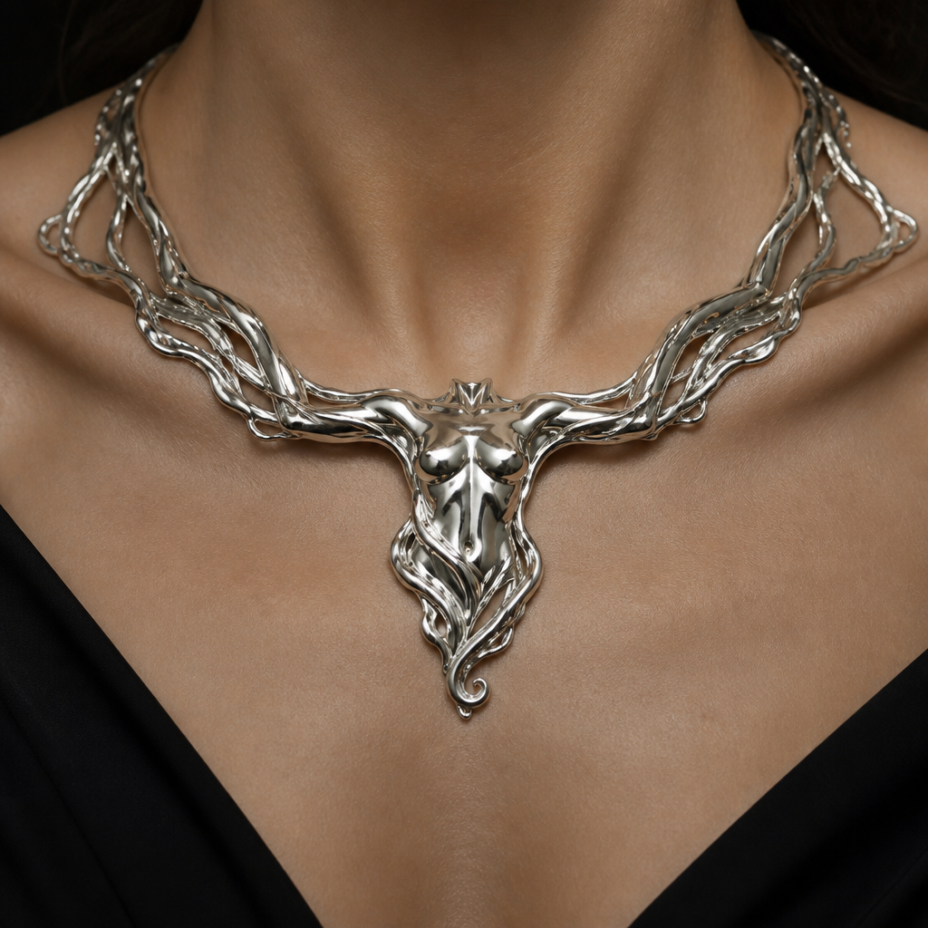 A sculptural women's ring. Sculptural silver necklace inspired by the female clavicle, sternum and flowing water, an emerging female torso rising from a wave, high fashion jewelry, architectural anatomy, dark luxury aesthetic.
photorealistic jewelry design, A sculptural women's ring. Sculptural silver necklace inspired by the female clavicle, sternum and flowing water, an emerging female torso rising from a wave, high fashion jewelry, architectural anatomy, dark luxury aesthetic., sculptural style, just the design no text