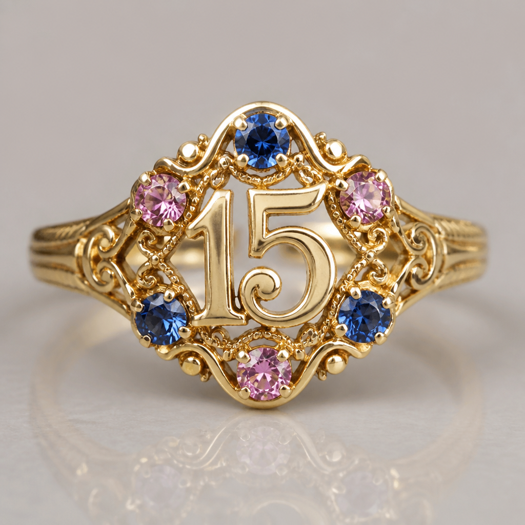 A vintage women's ring made of gold, detailed and decorative, moderately ornate. um anel de 15 anos com inicial E com pedrinhas azul e pedrinhas rosa em volta
photorealistic jewelry design, A vintage women's ring made of gold, detailed and decorative, moderately ornate. um anel de 15 anos com inicial E com pedrinhas azul e pedrinhas rosa em volta, vintage style, just the design no text