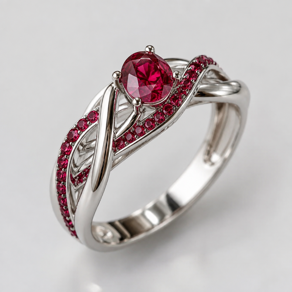 A modern women's ring made of silver with ruby stones
photorealistic jewelry design, A modern women's ring made of silver with ruby stones, modern style, just the design no text