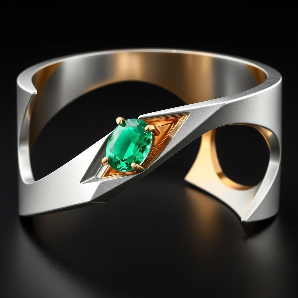 Bangle modern Modern Design a sleek, modern cuff bracelet featuring asymmetrical angles and a polished finish. Use a combination of brushed matte silver and high-shine gold accents for contrast. Incorporate a single, oval-cut gemstone-perhaps a striking emerald-set at an unconventional angle, creating a bold focal point that exudes contemporary elegance and sophistication.