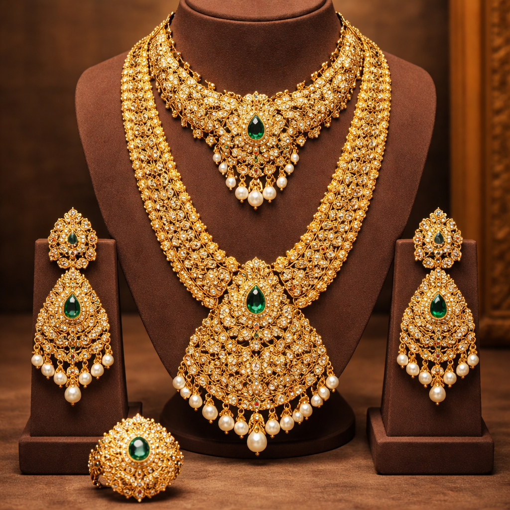 A royal women's ring made of gold suitable for wedding. A 22k gold Rani haar of 100 g gold with 20 g earings and 10 g ring in Indian style
A royal women's ring made of gold suitable for wedding. A 22k gold Rani haar of 100 g gold with 20 g earings and 10 g ring in Indian style, royal style