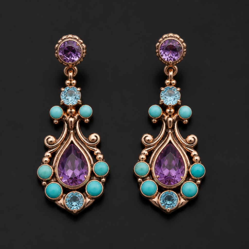 A estate women's earrings made of rose gold with amethyst and aquamarine and turquoise stones suitable for birthday
photorealistic jewelry design, A estate women's earrings made of rose gold with amethyst and aquamarine and turquoise stones suitable for birthday, estate style, just the design no text