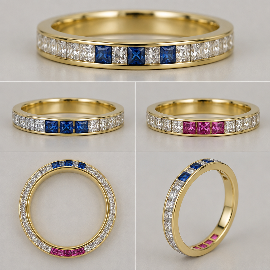 A women's ring made of gold with diamond and sapphire and amethyst stones, minimalist, simple and delicate, clean lines. An full ETERNITY Ring.
Ring metal: Yellow Gold.
Size UK size L1/2.
3mm ring band width.
Have smooth continuous gold on the inside and sides of the ring. Stones only visible from top or underneath.
All stones to be princess cut and held in thin 1mm channels.
All stones to be clear diamonds EXCEPT for three x blue sapphires on one side, each separated from other glue stones by one clear diamond.
AND 180 degress on the other side, three vivid pink sapphires - with each pink stone separated from other pink stones by one clear diamond . So the pink stones are symmetrically exactly opposite the blue ones. NB all the stones should touch each orher. Important: No gold between the coloured ones and the clear diamonds on either side of them.
photorealistic jewelry design, A women's ring made of gold with diamond and sapphire and amethyst stones, minimalist, simple and delicate, clean lines. An full ETERNITY Ring.
Ring metal: Yellow Gold.
Size UK size L1/2.
3mm ring band width.
Have smooth continuous gold on the inside and sides of the ring. Stones only visible from top or underneath.
All stones to be princess cut and held in thin 1mm channels.
All stones to be clear diamonds EXCEPT for three x blue sapphires on one side, each separated from other glue stones by one clear diamond.
AND 180 degress on the other side, three vivid pink sapphires - with each pink stone separated from other pink stones by one clear diamond . So the pink stones are symmetrically exactly opposite the blue ones. NB all the stones should touch each orher. Important: No gold between the coloured ones and the clear diamonds on either side of them., modern style, just the design no text