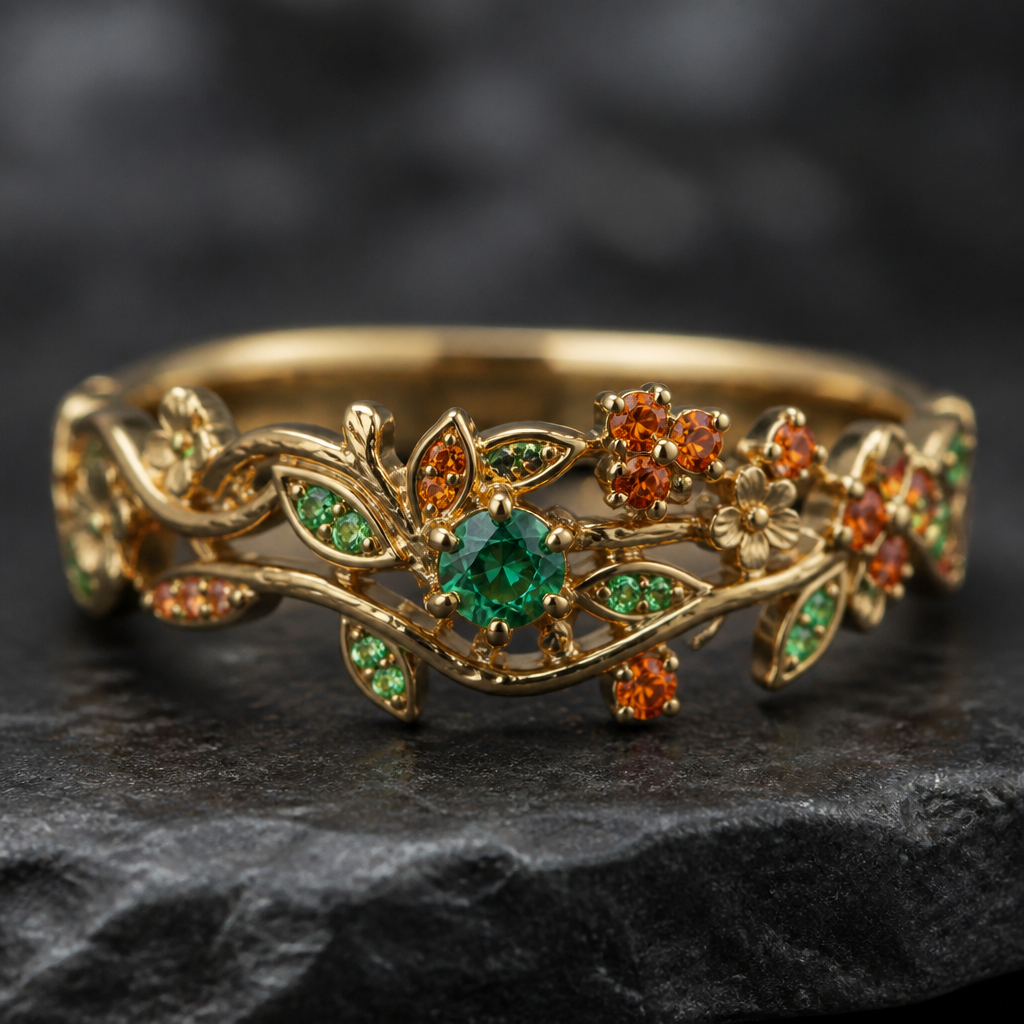Garden like gold band with emerald and Burnt orange diamonds
photorealistic jewelry design, Garden like gold band with emerald and Burnt orange diamonds , asian_inspired style, just the design no text