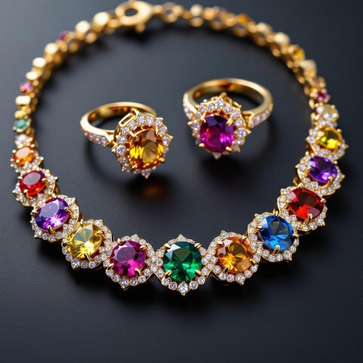Necklace and ring and earring with colorful jewel with gold