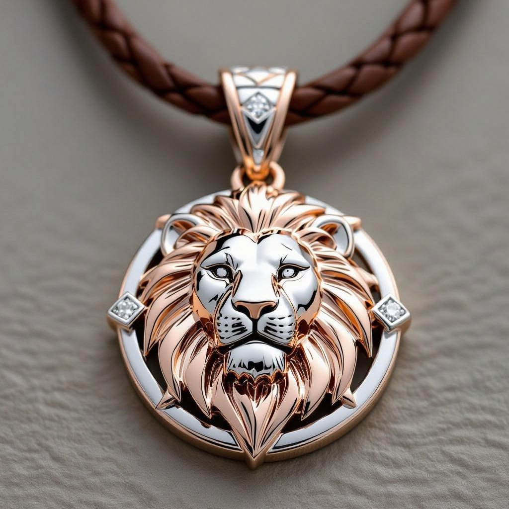 Geomatric leather of rose abd ehite gold lion pendant set of the collection of voulume and structure shapes Rose and white gold lion pendant, featuring geometric leather details in a bezel setting.