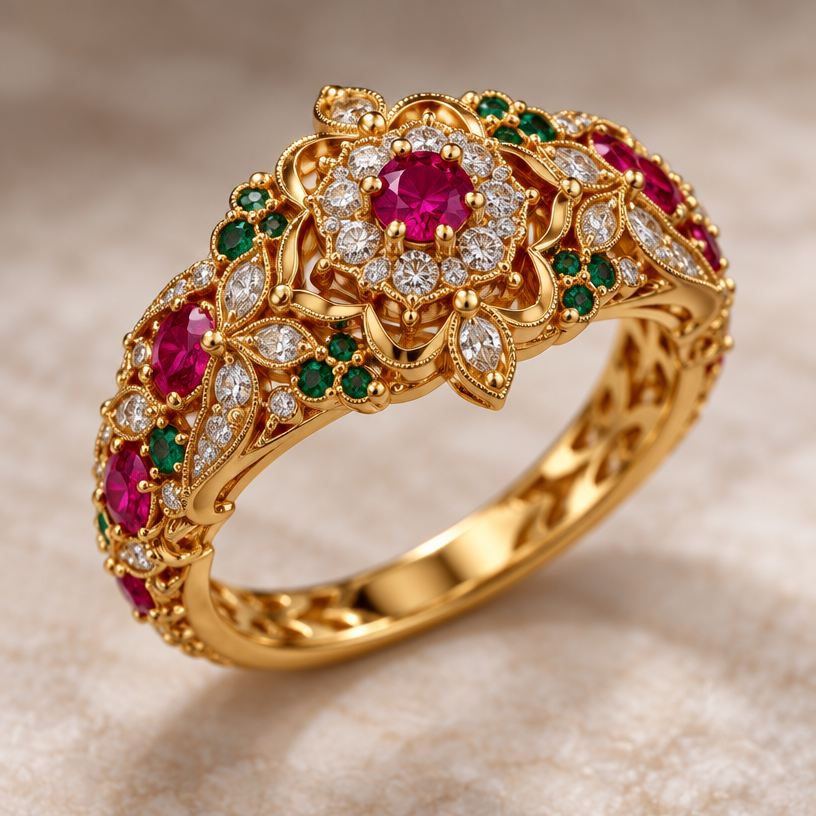 A women's ring, highly ornate, intricate and elaborate, richly detailed
using the attached image as a visual reference, create A women's ring, highly ornate, intricate and elaborate, richly detailed. photorealistic, just the design no text