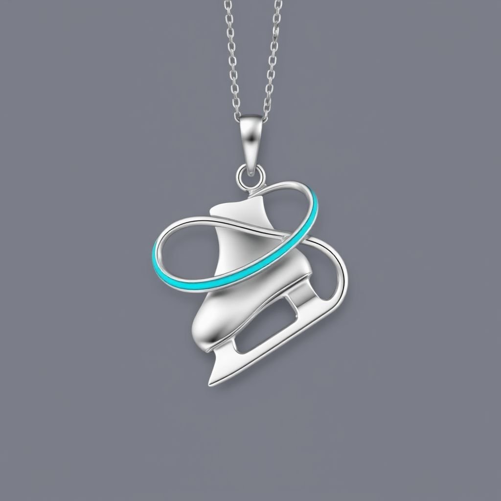 Silver Pendant shape one ice skate with turquoise stripe inside the low thin part blade