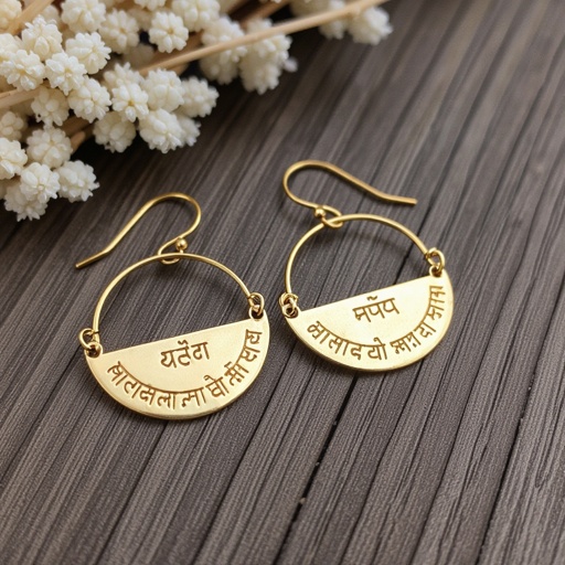 Серьги золотые в форме тонкого изящного полумесяца, полукруг как продолжение застежки, на полукруге надписи мантрами на санскрите