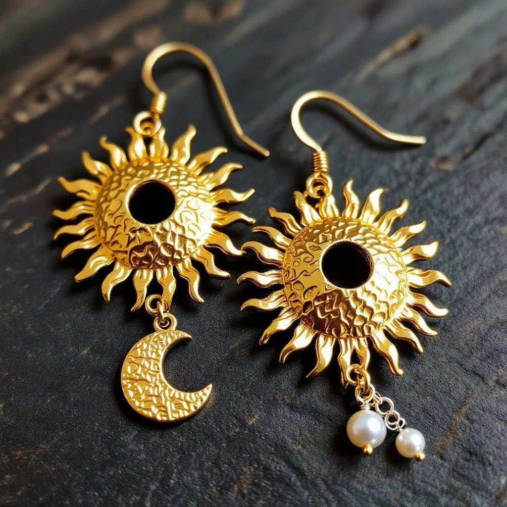 Золотые серьги словно мятое золото в форме горящего солнца с волнистыми лучами, в центре солнца круглая дыра. крепится к застежке серьги. К нижней части солнца крепятся подвески: миниатюрная серебристая луна, очень маленький жемчуг и маленький золотой кружочек с мятым эффектом плоский