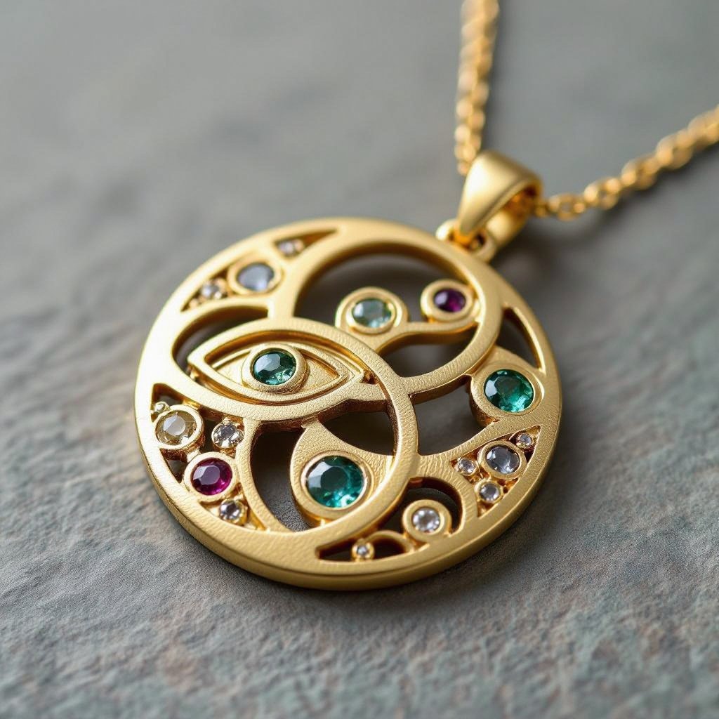 Подвеска из матового золота с узорами и мелкими необработанными камнями в форме двух пересекающихся окружностей и глаза между ними