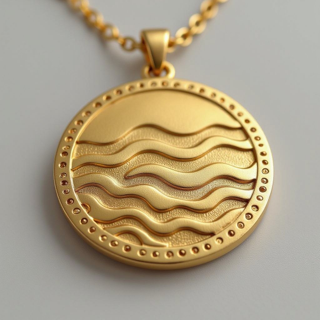 Золотой матовый медальон в форме неровного круга с неровными краями. По краям выпуклые точки сплошной линией. На круге разные волнистые узоры 